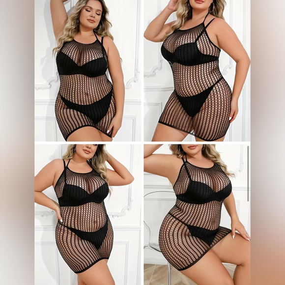 Black Plus Size Sexy‎ Lingerie Dress, Women's Plus Geometric Patterned One Piece - Picture 1 of 7
